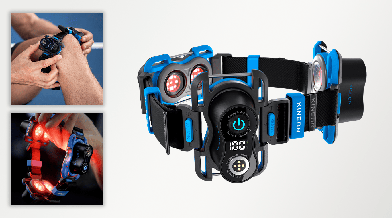 Kineon MOVE+ complete kit photographed on a clean surface — device, dual laser modules, strap, and carry case